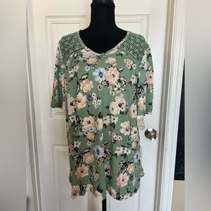 Absolutely Famous Sage Green Floral Crochet Yoke Tunic